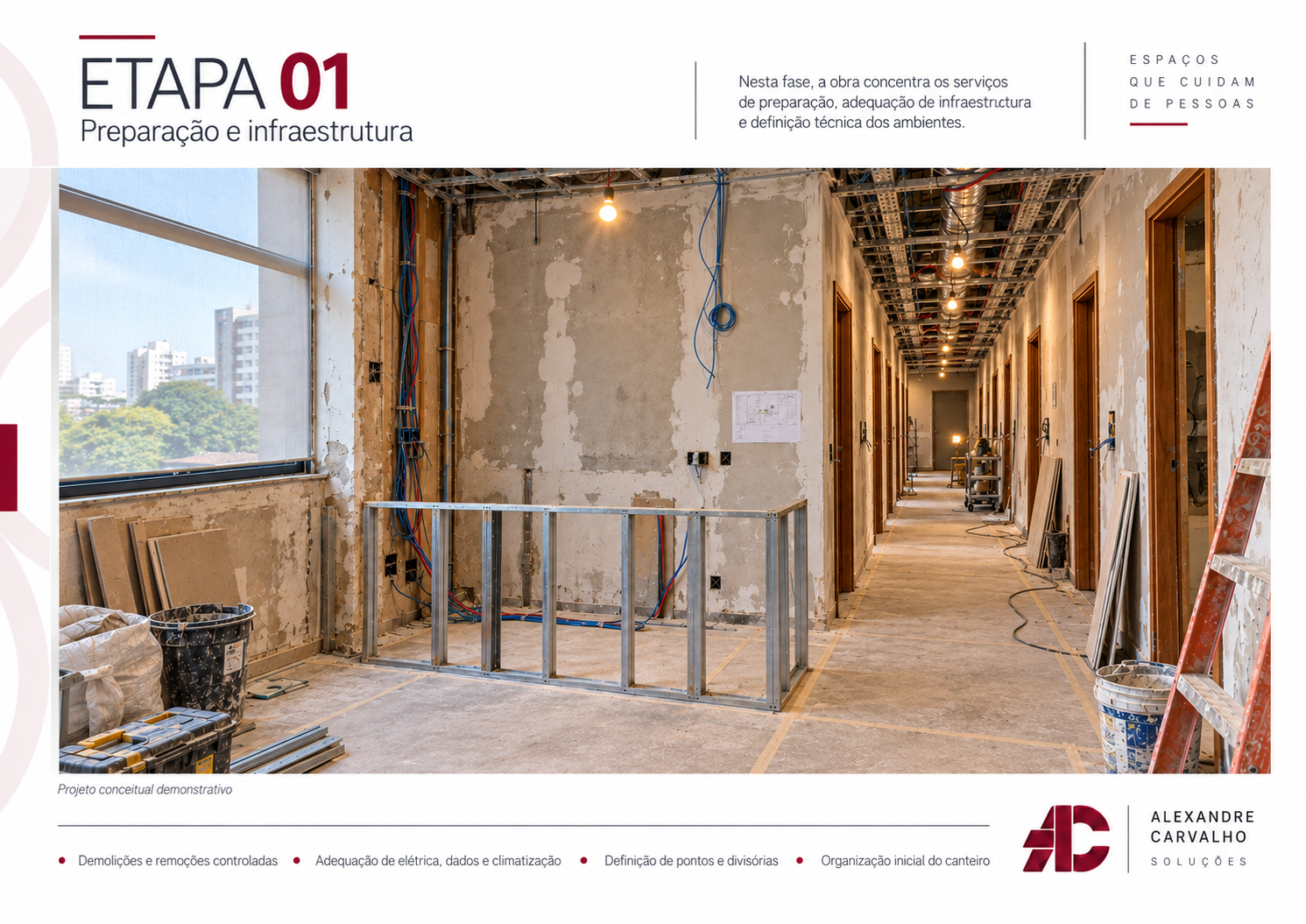 Preparação e infraestrutura — instalações aparentes e estrutura da recepção. Projeto conceitual demonstrativo.